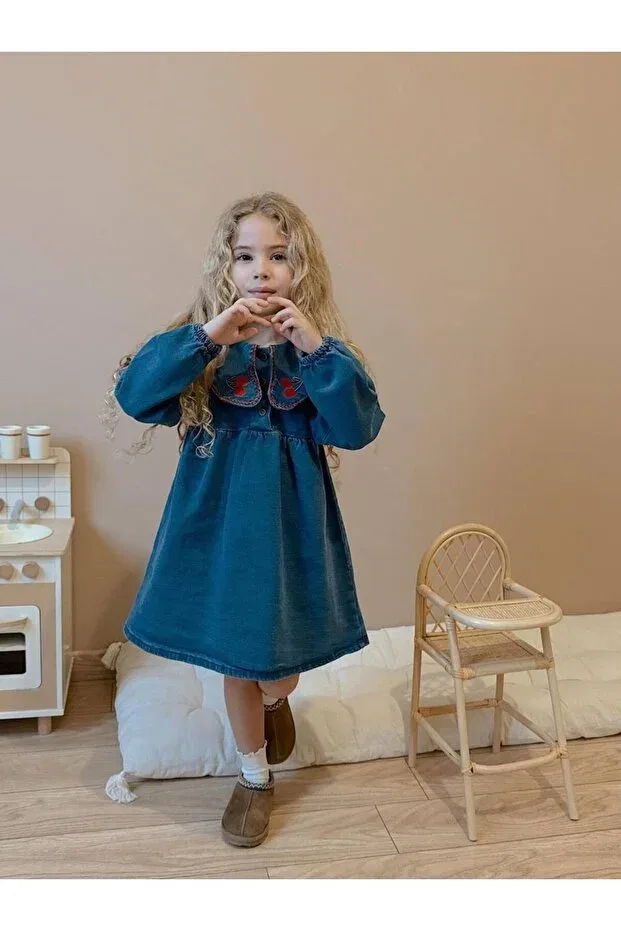 Детское джинсовое платье для девочек с длинным рукавом Minik'O Kids, Blue — фото 2