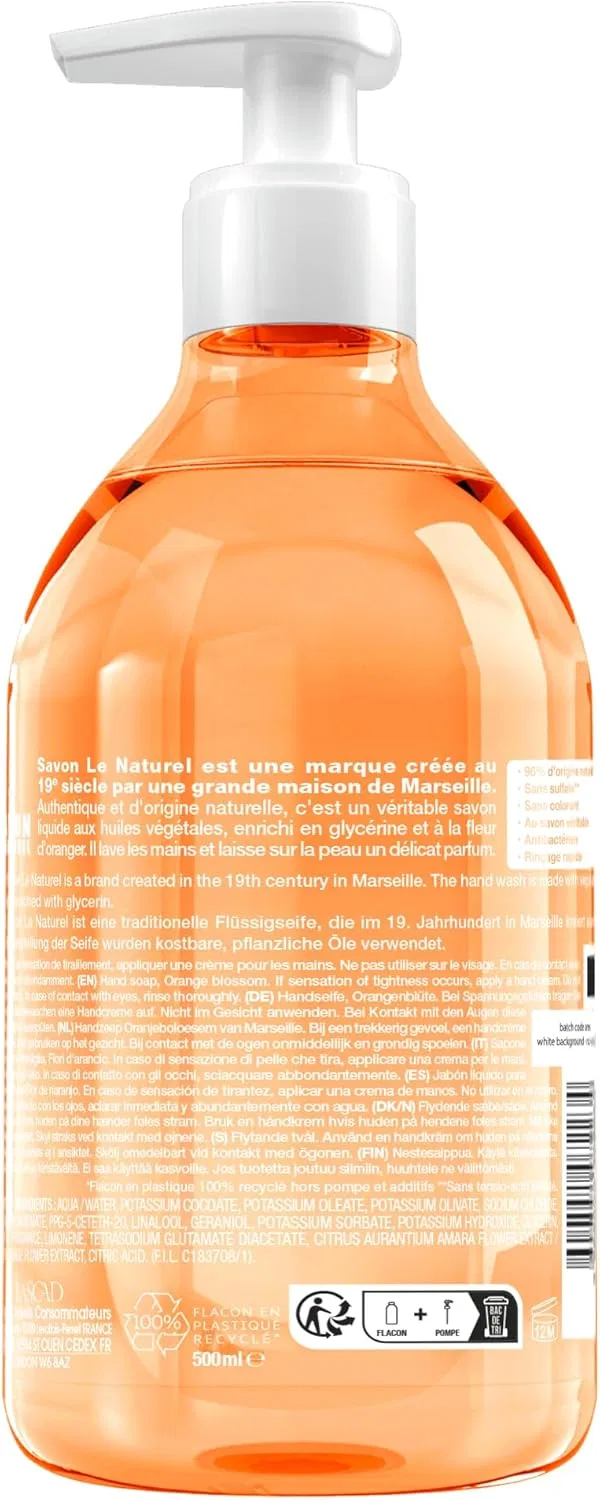 Мыло туалетное Le Naturel Extra Pur Marseille, Аромат Orange Blossom, 500 мл, Оранжевый Savon Le Naturel