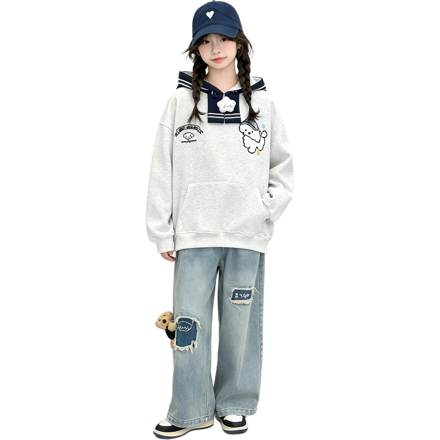 Детский спортивный комплект из свитшота и джинсов с капюшоном, MADALLO, Gray Sweatshirt+Jeans