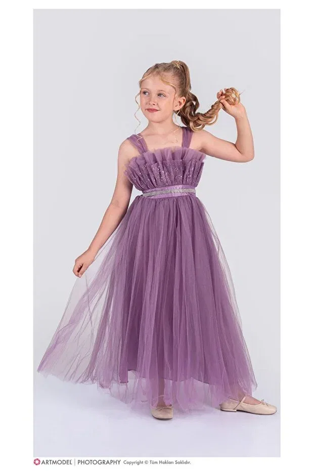 Детское платье для девочек хлопковое E.T.Ç baby stone belted ruffle detailed girl's dress Etç Baby, Dark Lilac