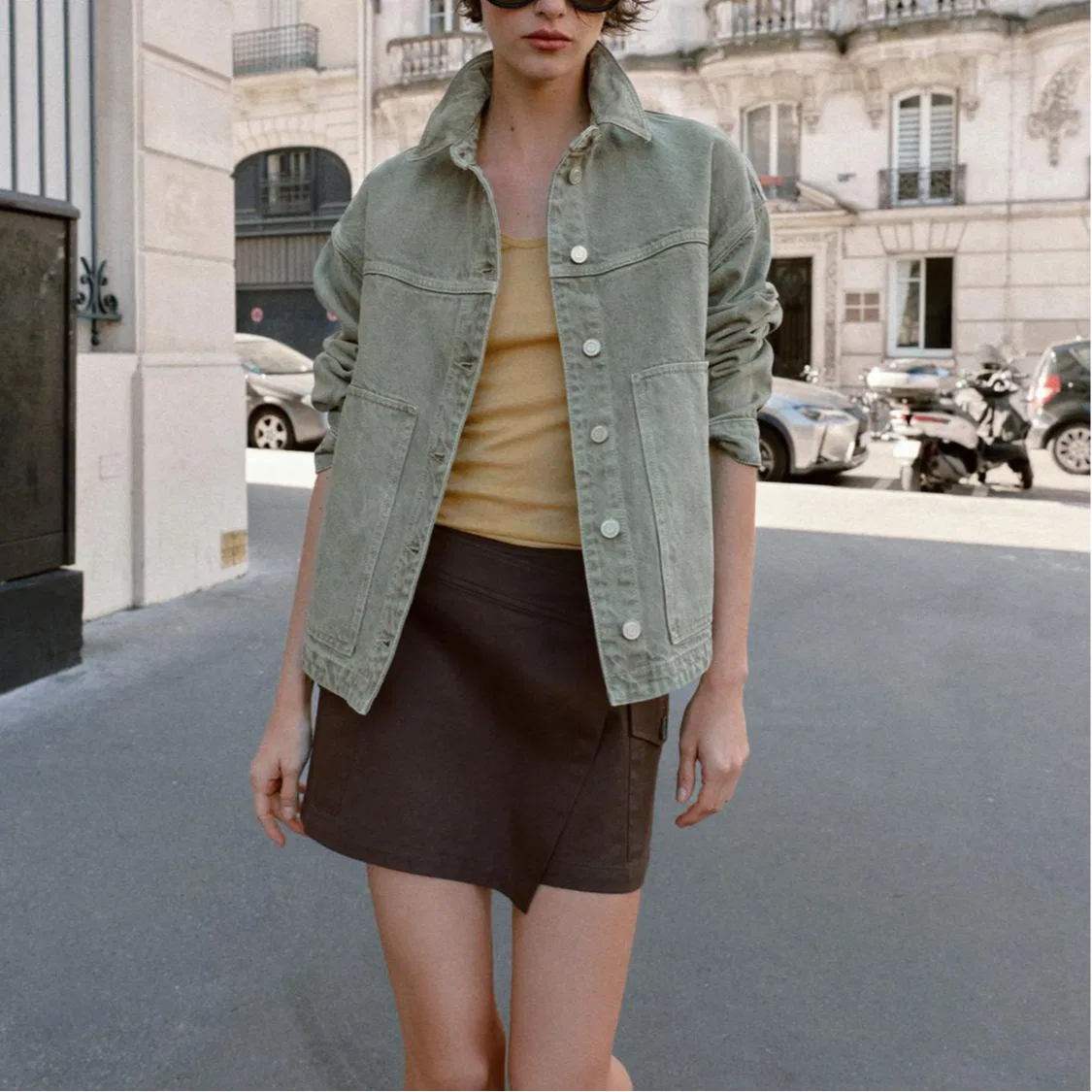 Женская джинсовая куртка с воротником-лацканом Khaki ZARA, Khaki — фото 4