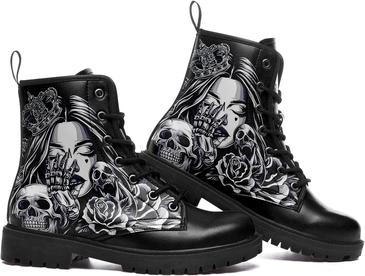 Ботинки AWSOLE Gothic Skull Combat для женщин и мужчин - панк-ботинки с шнуровкой и розой - из микрофибры и кожи - обувь в стиле гранж, черный/розовый — фото 4