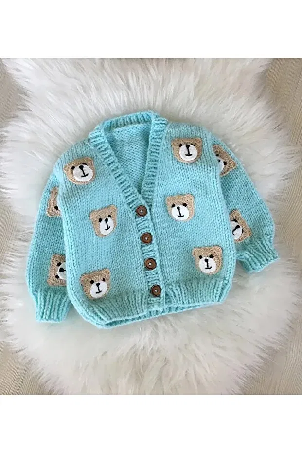 Детский кардиган для мальчиков с принтом Hand knitted bear baby boy El Örgüsü, Turquoise — фото 2