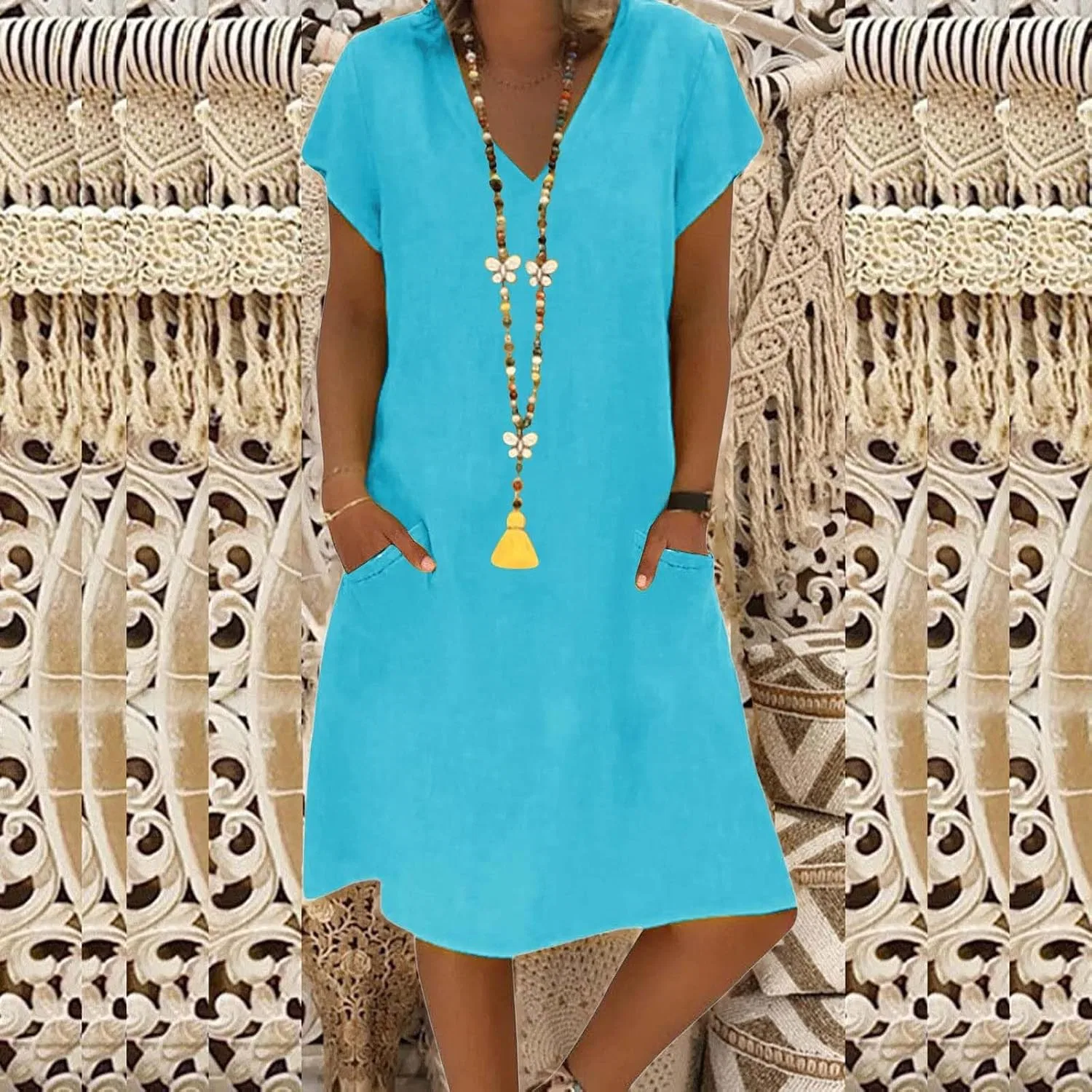 Женское платье миди с V-образным вырезом Cotton Linen, Sky Blue — фото 3