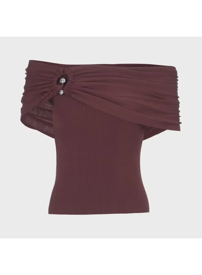 Топ с открытыми плечами и воланами Zara, темно-красный — фото 2