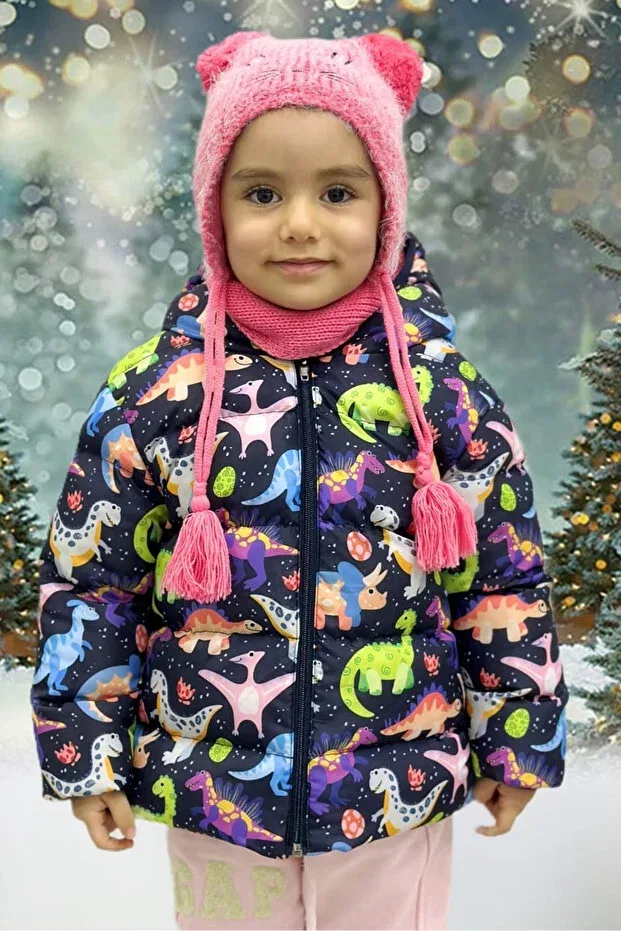 Детское пальто для девочек с принтом Inner Fleece Hooded Dinosaur Pattern Digital Printed Winter Inflatable Coat & Coat RB-105 Generic Brands, Colored
