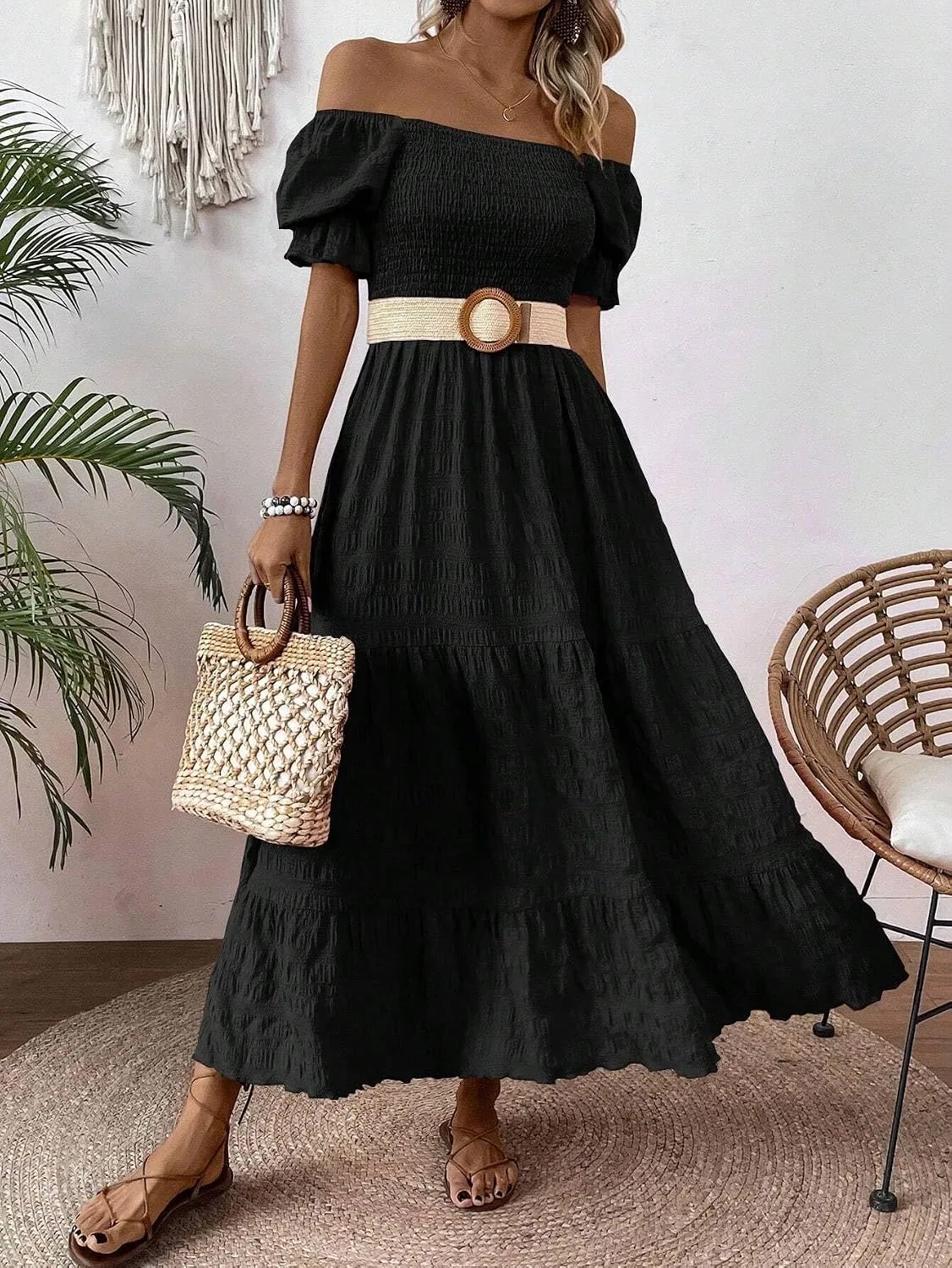 Женское летнее платье макси с пышными рукавами A-line, Black — фото 4