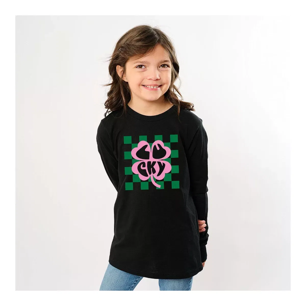 Детская футболка с длинным рукавом с принтом Lucky Clover Checkered The Juniper Shop, Black — фото 2