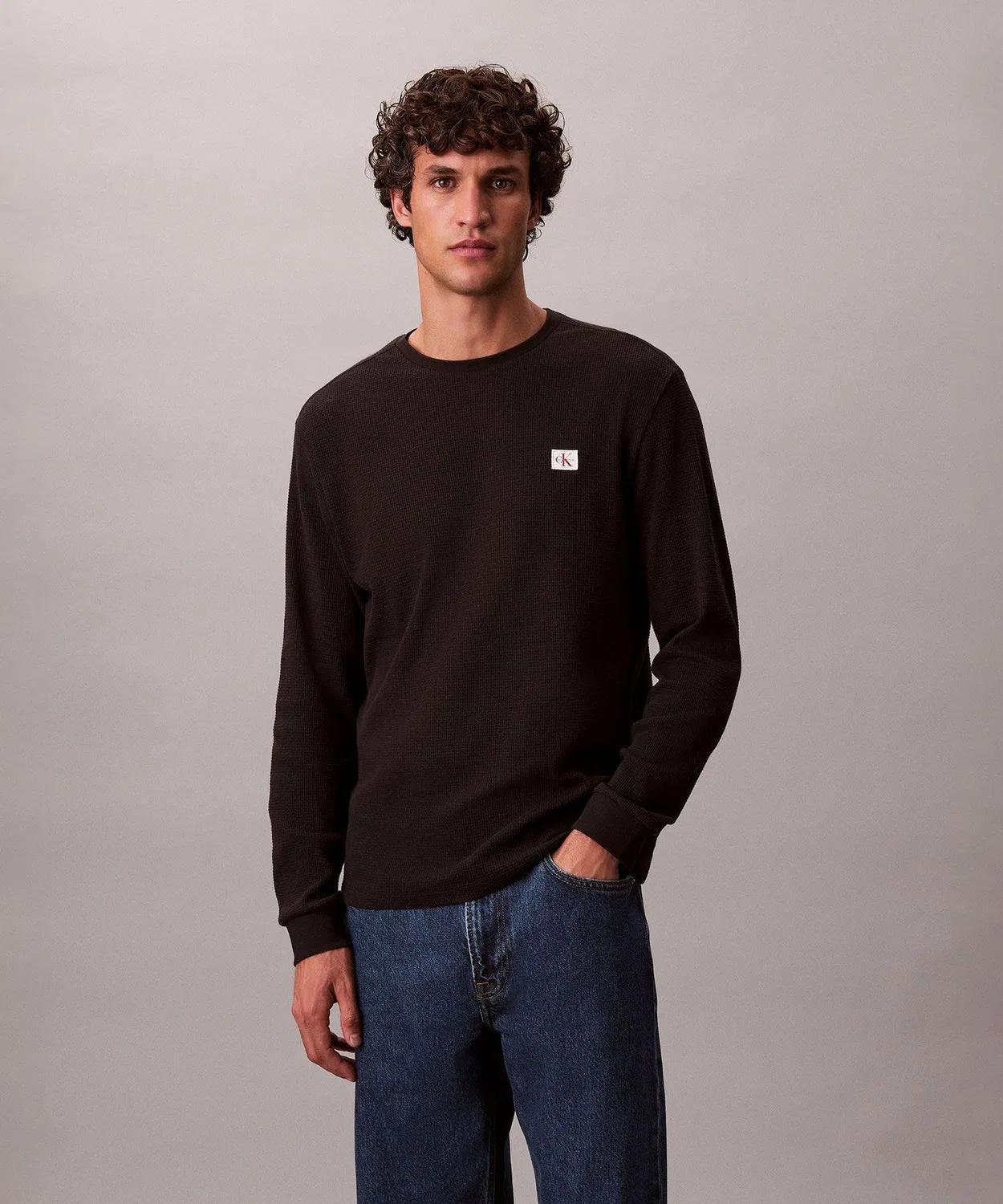 Мужская футболка с длинным рукавомиз вафли Calvin Klein, Black