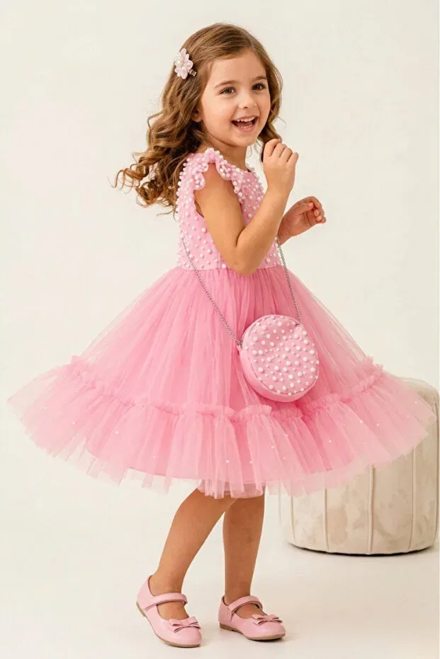 Детское платье для девочек с воланами Ruffled girl's evening dress with pearls bag Eray Kids, Pink — фото 2