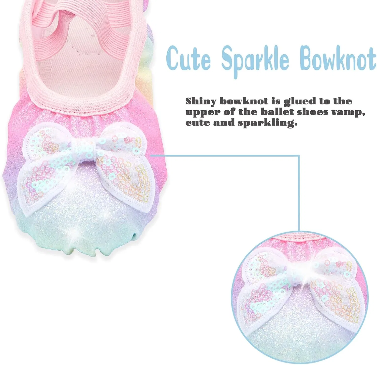 Детские балетки с блестками, с эластичными шнурками, модель Glitter Split-Sole, Anproity, Glitter Rainbow Butterfly — фото 4