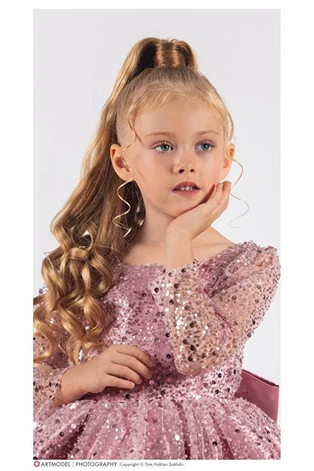 Детское платье для девочек с длинным рукавом Prom / Bridesmaid Sare Çocuk Giyim, Powder — фото 3