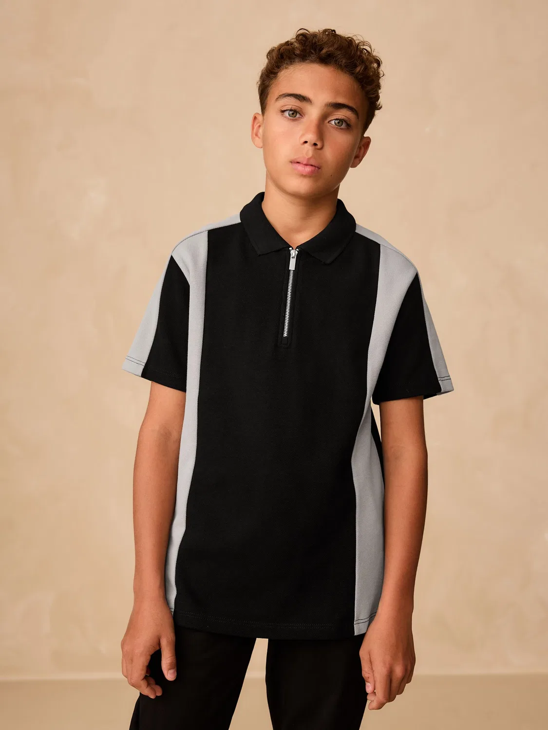 Поло Next с цветовой блокировкой, модель Zip Neck Textured Colourblock, черно-серый
