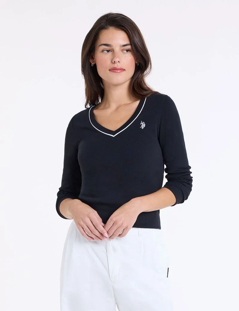 Женский лонгслив U.S. Polo Assn. Rib Pipe V-Neck T-Shirt, черный — фото 4