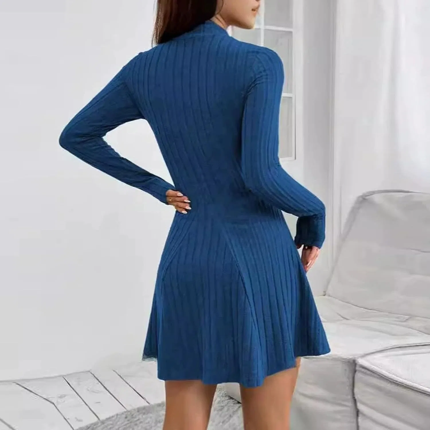 Женское A-line мини-платье с ребристым трикотажем, Royal Blue — фото 3