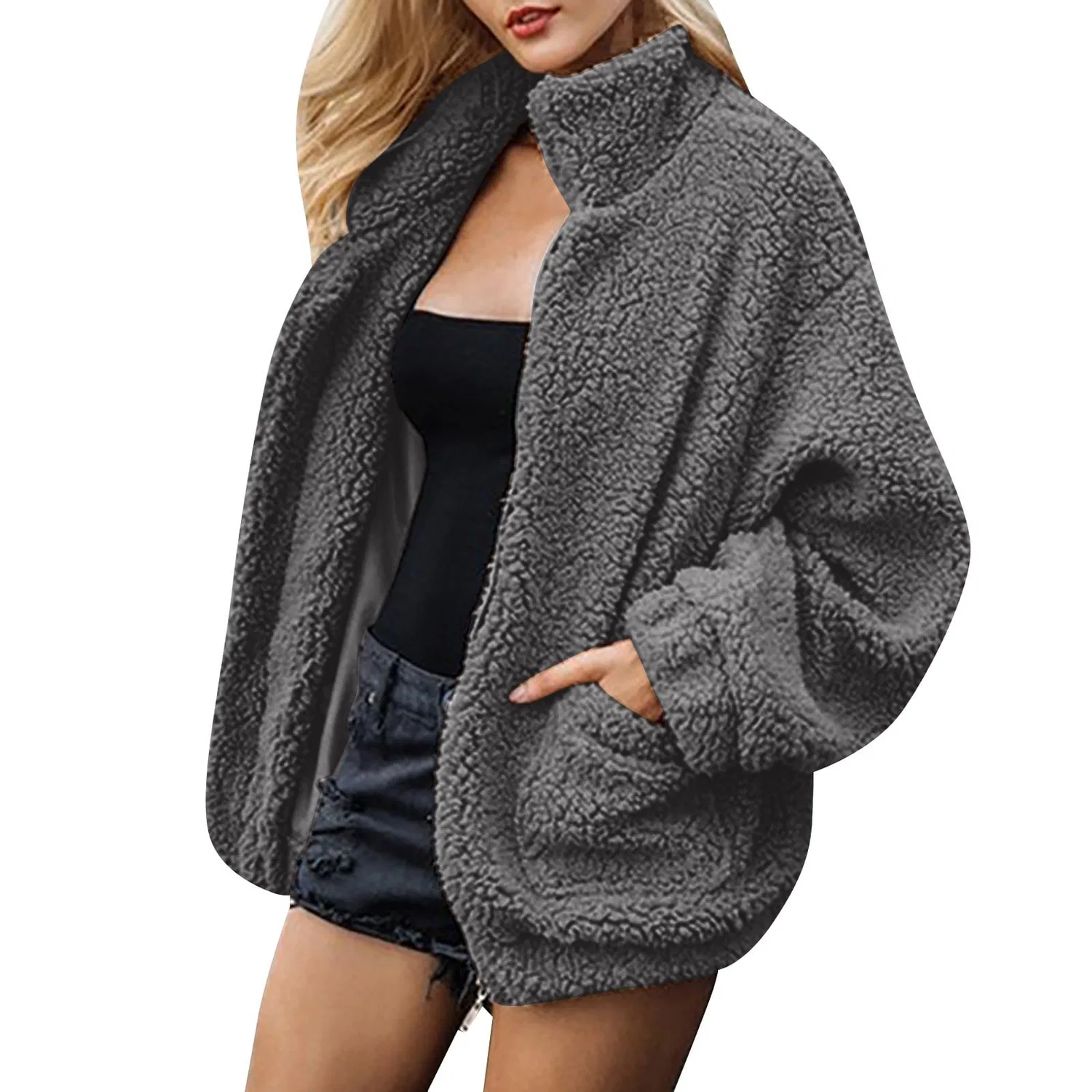 Женское утеплённое пальто с флисом Teddy Sherpa, dark grey