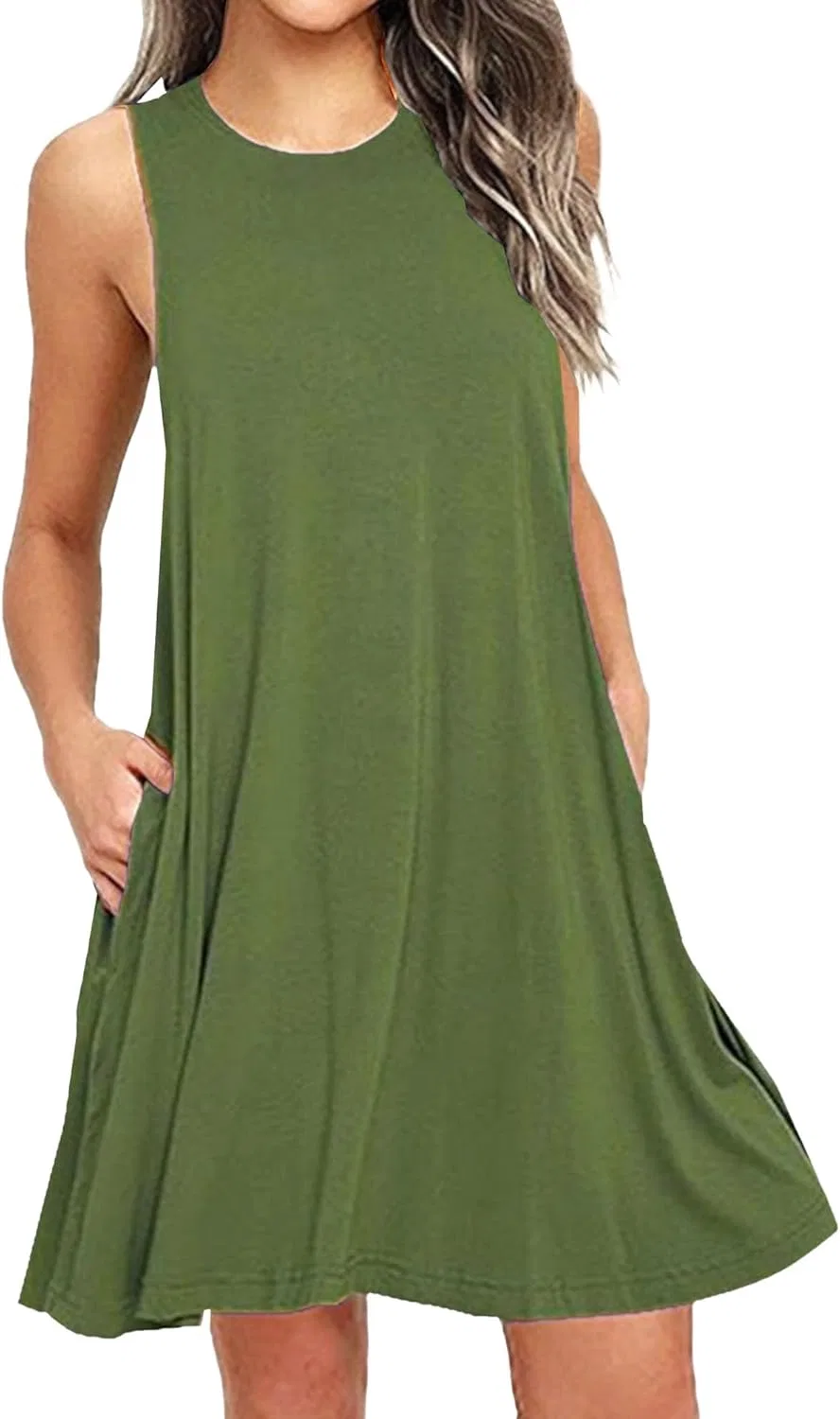 Женское летнее платье-футболка без рукавов с карманом, Military Green