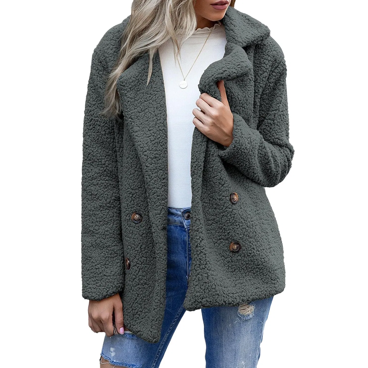Женское длинное пальто из искусственного меха с принтом, модель Oversized Warm Jacket, dark grey