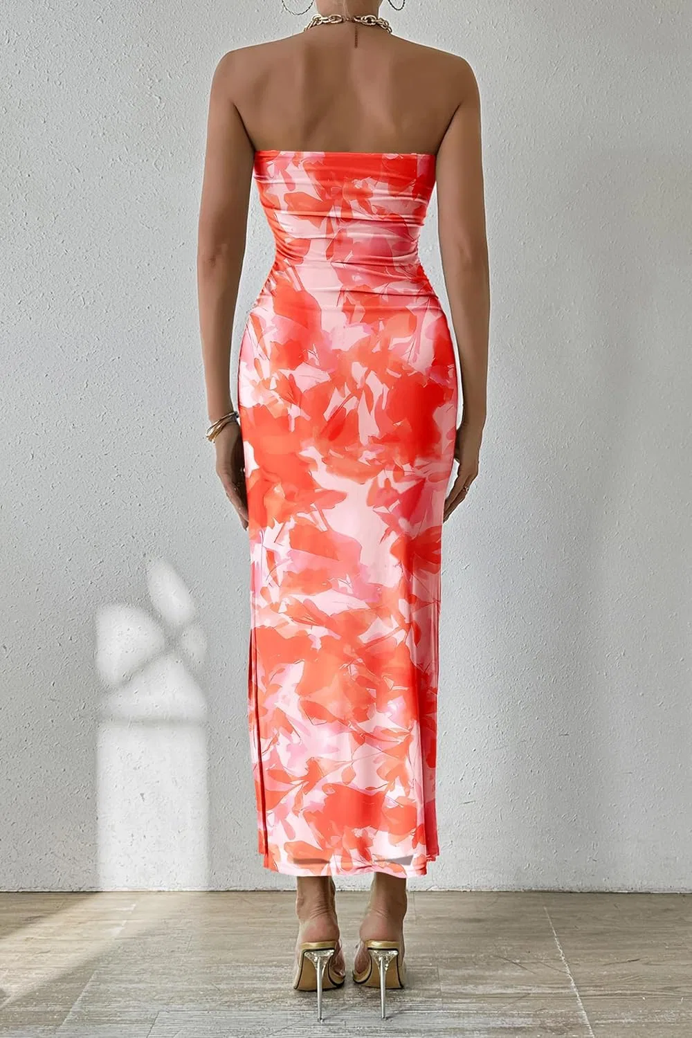 Женское летнее макси-платье bodycon с принтом Strapless Tube Top, Print Light Orange — фото 2