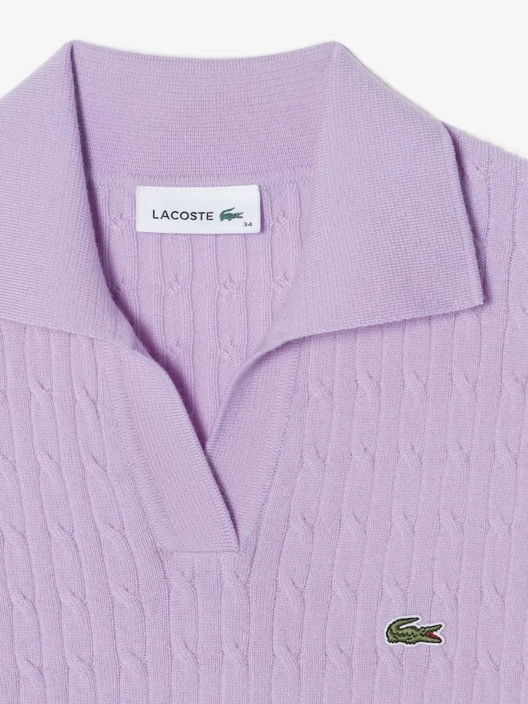 Свитер LACOSTE с кабельной вязкой, открытый воротник, светло-фиолетовый — фото 4