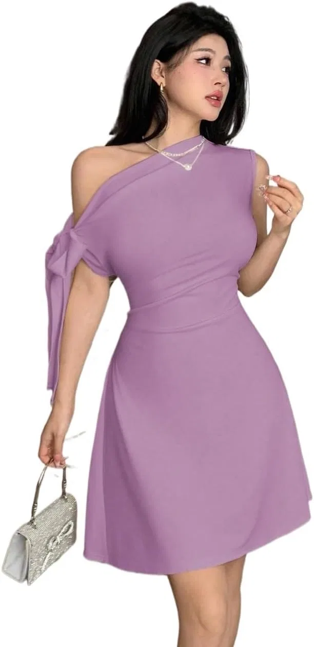 Женское элегантное A-силуэта платье с асимметричной талией, Mauve Purple — фото 4