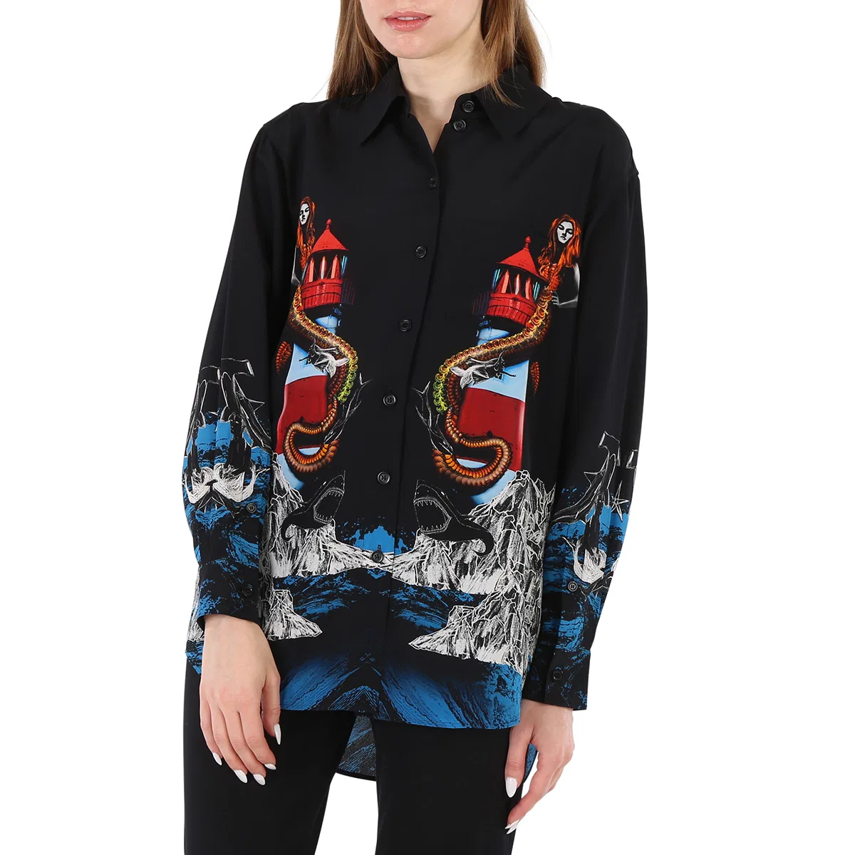 Шелковая рубашка с принтом русалки Ladies Mermaid Printed Silk Shirt Burberry, Black Ip Pat — фото 3