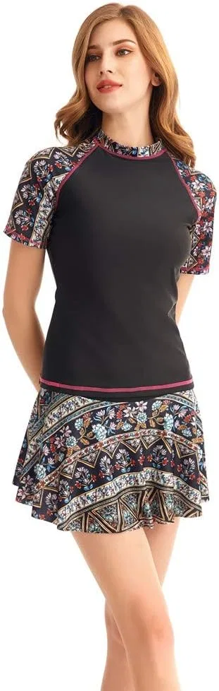 Женский танкини с принтом, Two Piece Short Sleeve, Black — фото 4