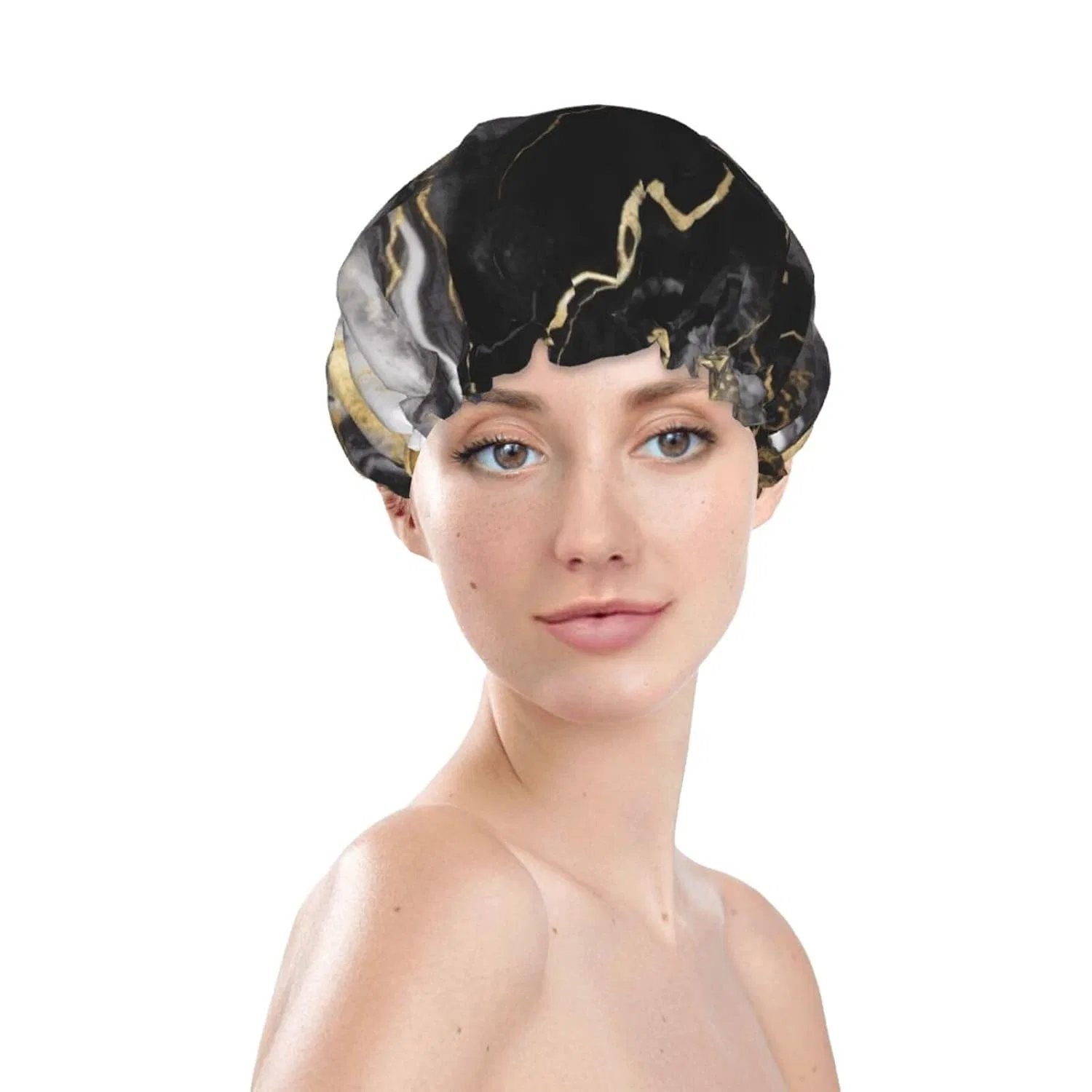 Шапочка для душа Marble Print, WSOIHFEC, двойной слой, водонепроницаемая, Black White Gold Foil — фото 3