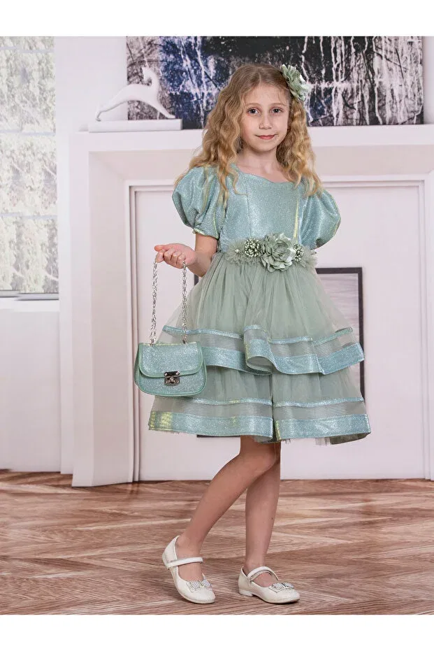 Детское платье для девочек с коротким рукавом-фонарик Süslü Pink Kids, Green — фото 2