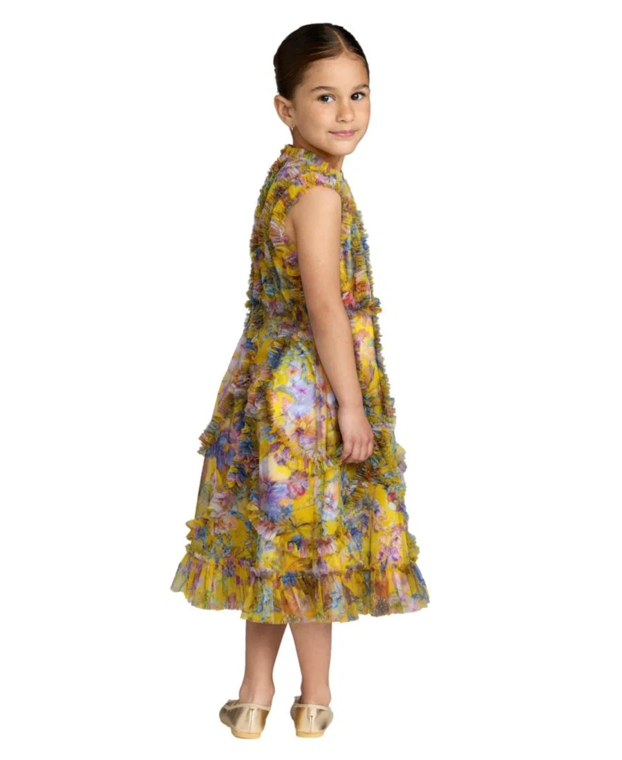 Платье без рукавов с рюшами и принтом Big Girls 2-14 Sleeveless Mesh Ruffle High Neck Dress Mac Duggal, Yellow Multi — фото 2