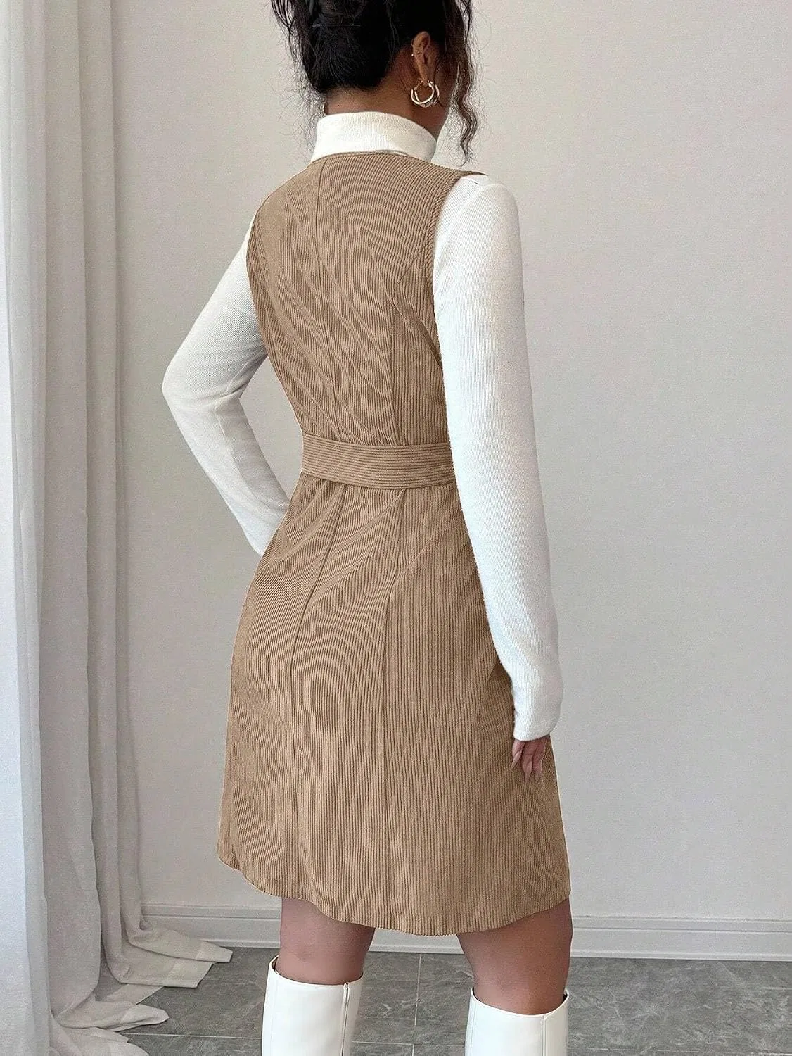 Женское платье A-силуэта из вельвета с V-образным вырезом, Khaki — фото 2