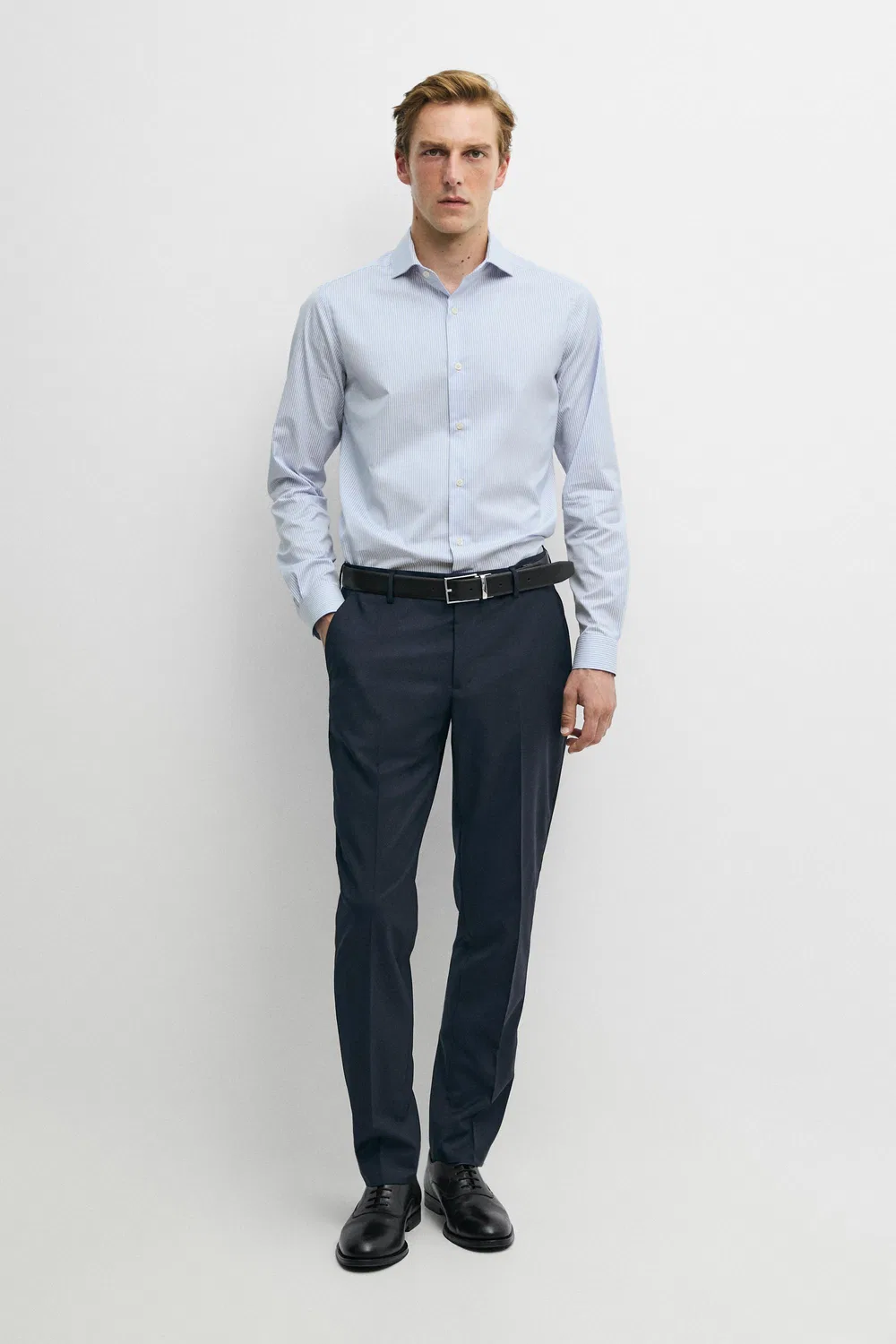 Рубашка Massimo Dutti Slim Fit Striped Tailored Fit, небесно-голубой — фото 3