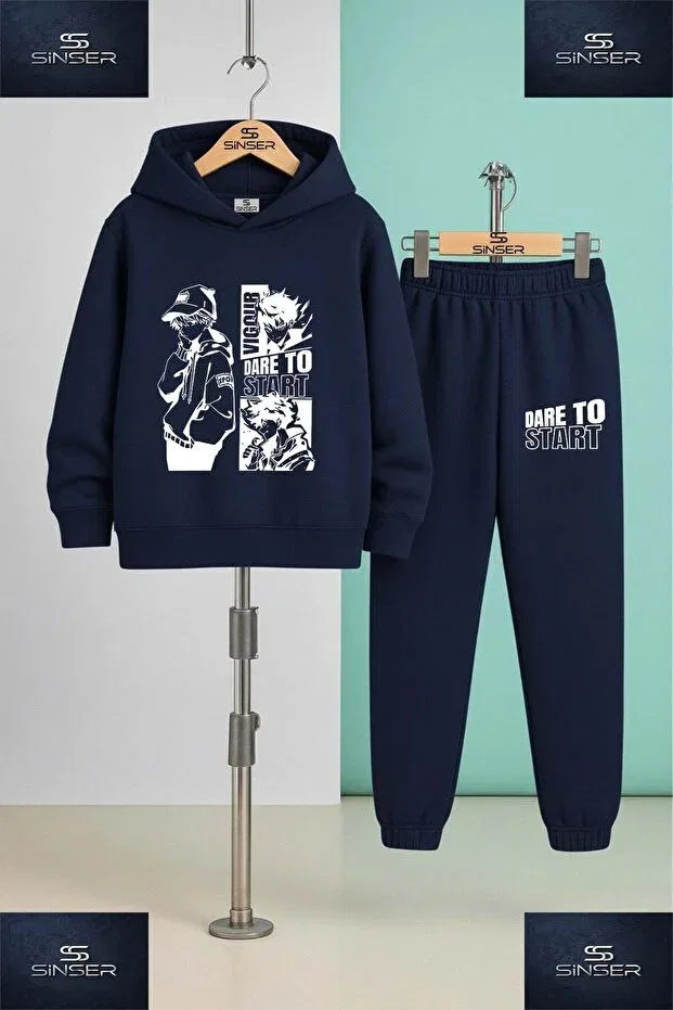 Детский комплект свитшотов и брюк с принтом Dare To Be White Ss Sinser, Siyah - Gray - Navy Blue — фото 4