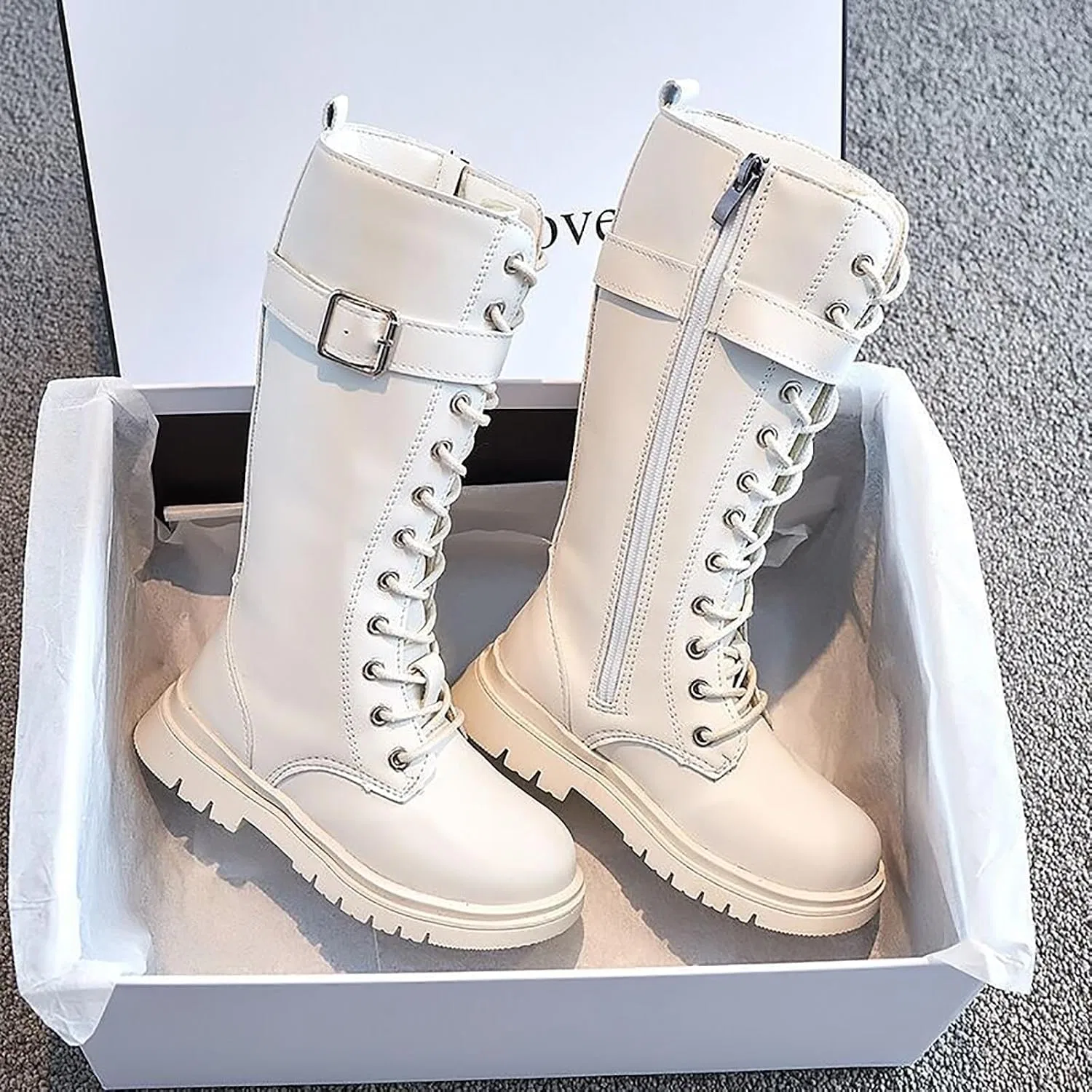 Детские ботинки на шнуровке с молнией сбоку для девочек, модель Goth Side Zipper, White — фото 2
