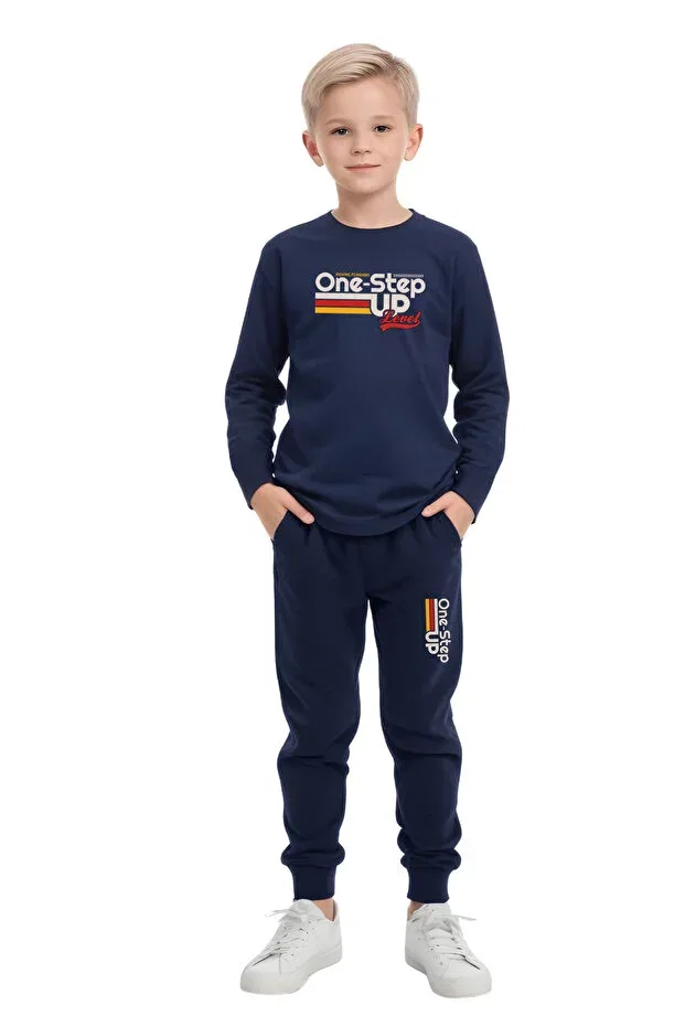 Детский спортивный костюм для мальчиков с принтом Round Neck Printed Detail Fyk Collection, Navy Blue