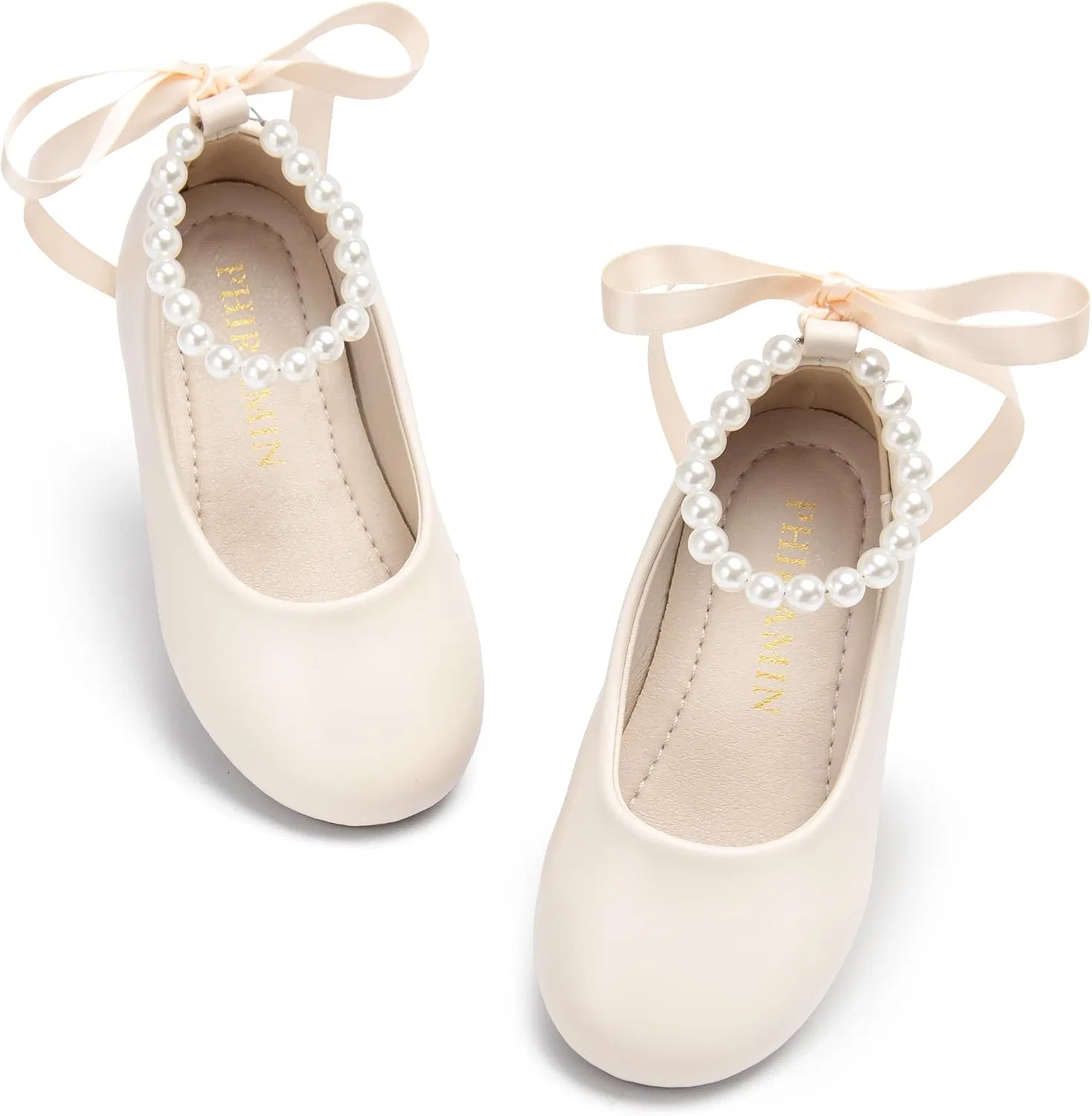 Детские туфли-балетки для девочек с жемчужным ремешком PHIRAMIN, Beige Pearl Strap