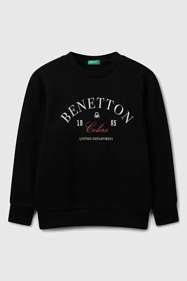 Детские свитшот для мальчиков с принтом Boy'S black crew neck regular fit sweatshirt with logo print on the front United Colors Of Benetton, Black