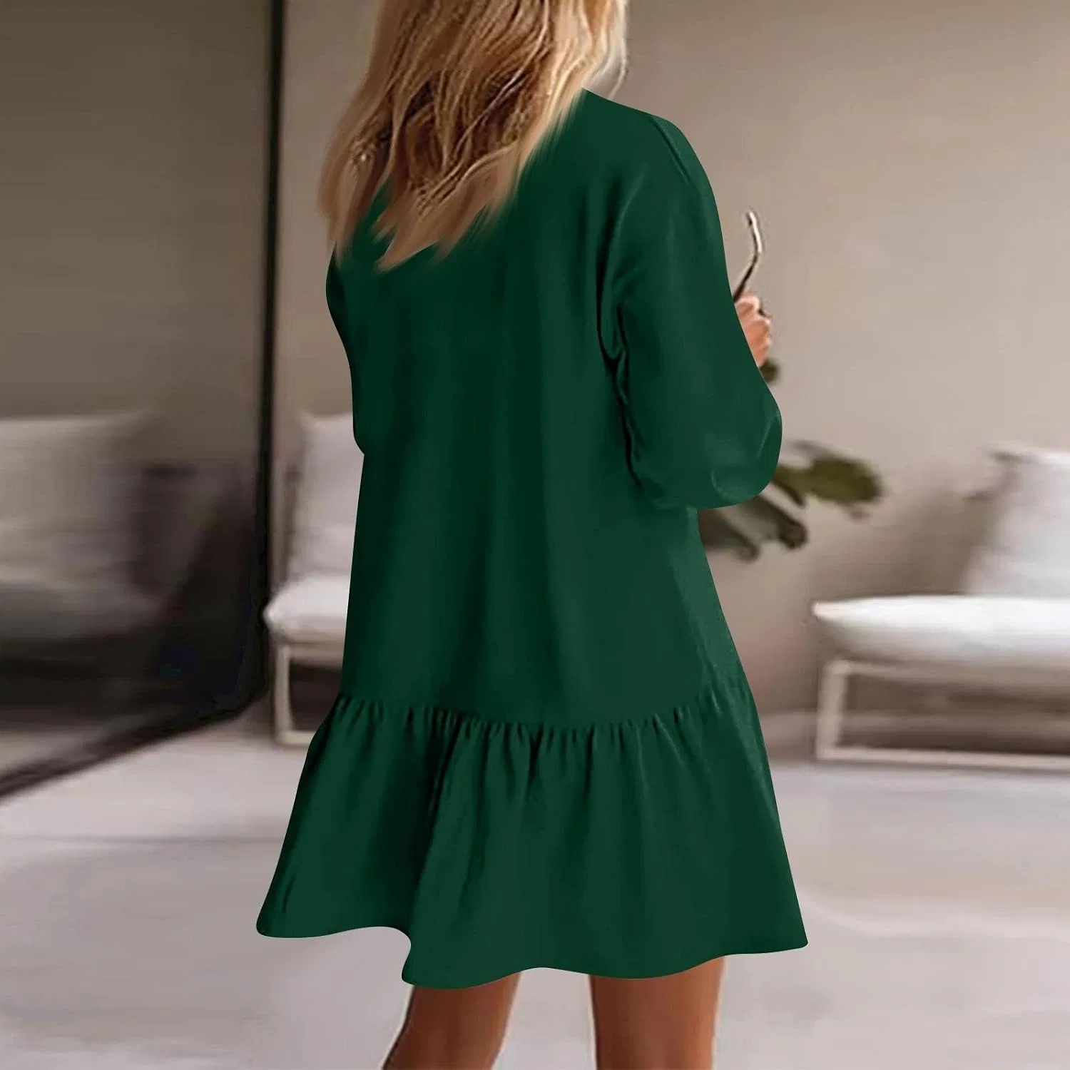 Женское мини-платье-свитшот свободного кроя с длинным рукавом, Dark Green — фото 4