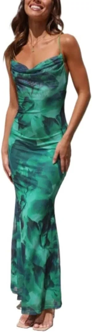 Женское вечернее платье с глубоким декольте и разрезом, Green Print