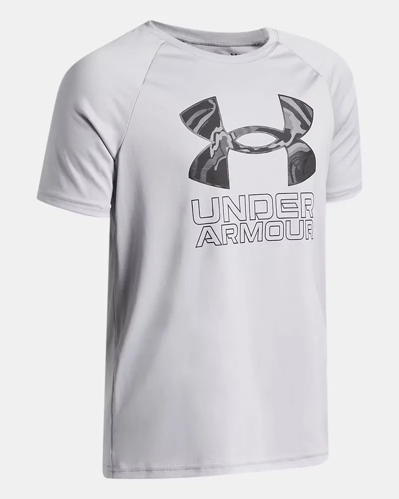 Футболка для мальчиков с коротким рукавом, влагоотводящая UA Tech Hybrid Print UnderArmour, Mod Gray/White — фото 3
