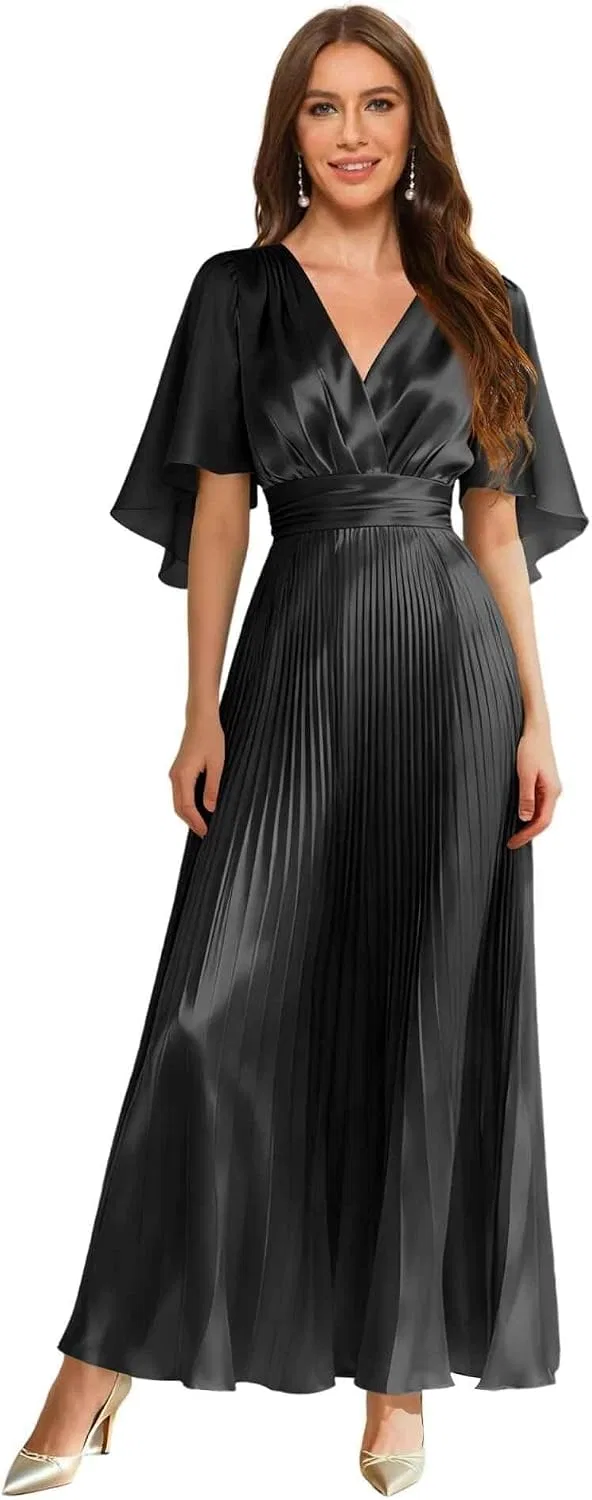 Женское длинное платье с воротником V и воланами Satin, Black
