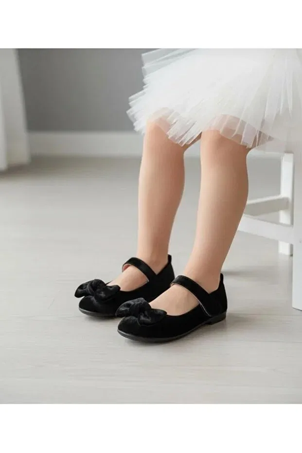 Детские балетки для девочек с принтом Velvet children's ballet flats with bow on the front Gala, Black — фото 3