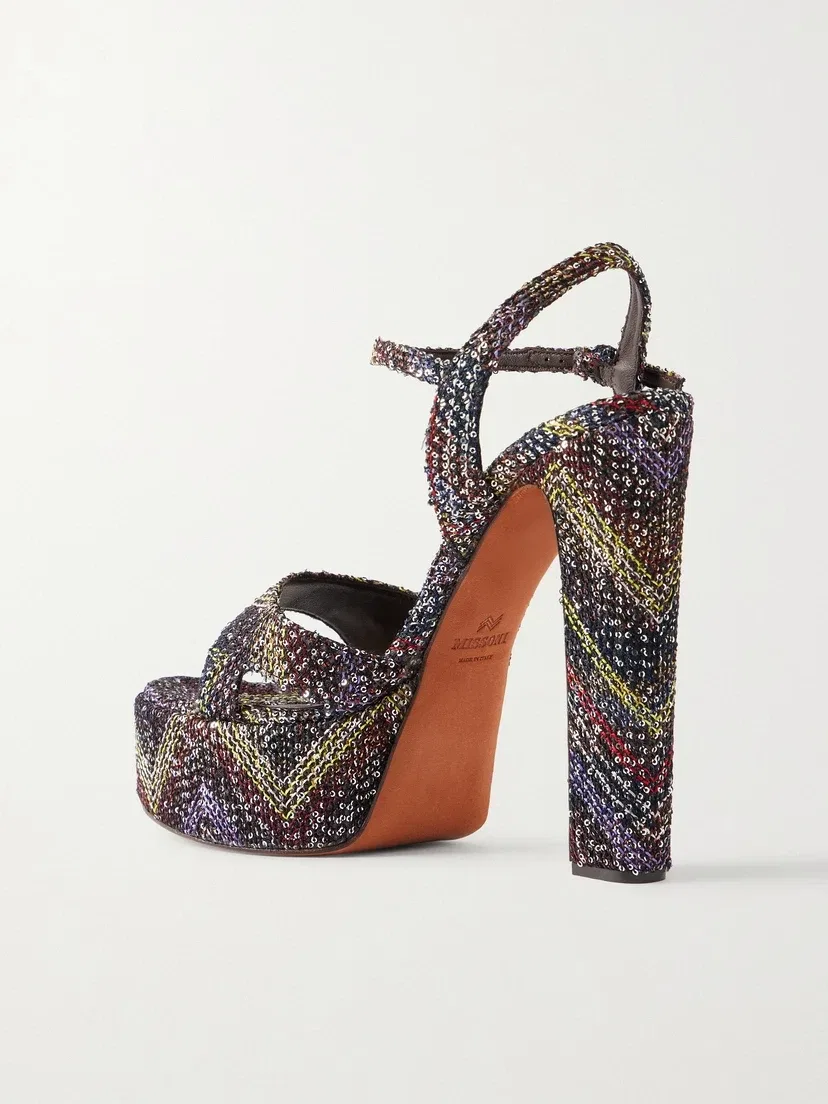 Сандалии на платформе Missoni Angela с вышивкой пайетками и в полоску, коричневый — фото 3