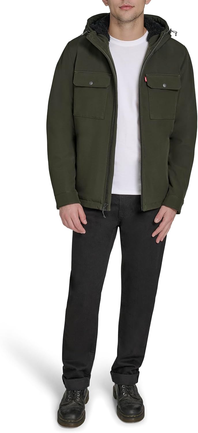 Мужское пальто Levi's Soft Shell с капюшоном (стандартные размеры, большие и высокие), Olive Waffle/Sherpa Lined — фото 2