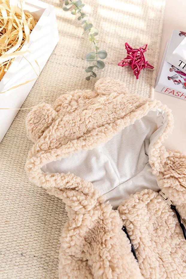 Детский комбинезон-сафари с капюшоном Welsoft plush winter baby girl/boy jumpsuit with hooded teddy bear figure Babymod, Beige — фото 4