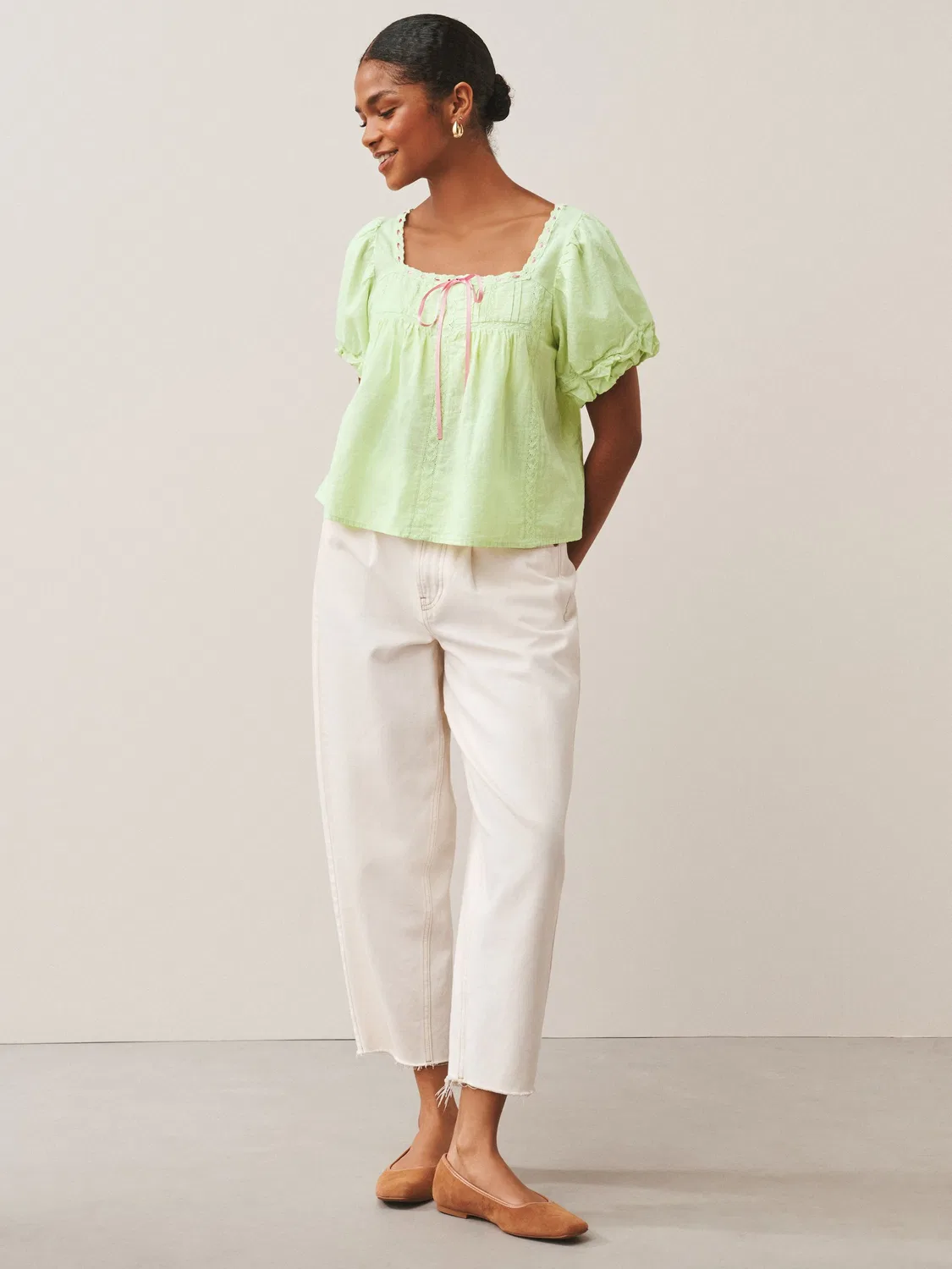 Топ с пышными рукавами Puff Sleeve Short Sleeve Top Next, зеленый/розовый — фото 4