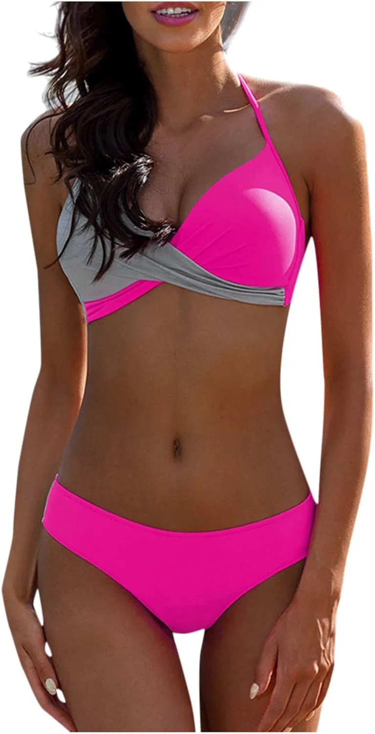 Женский двухчастный купальник с запахом, Halter, Spaghetti Strap, Hot Pink