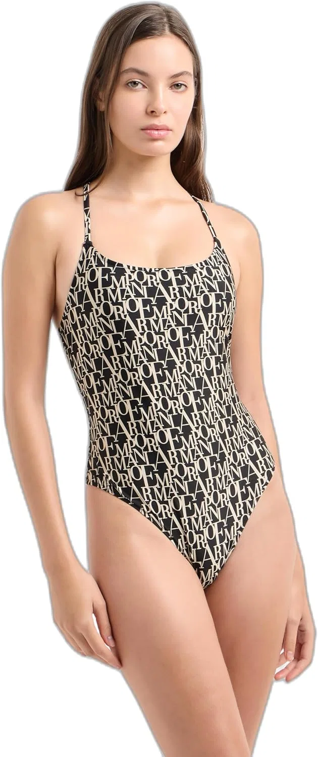 Женский цельный купальник с логотипом Classic Fit Logomania Emporio Armani, Black/Logo Almond