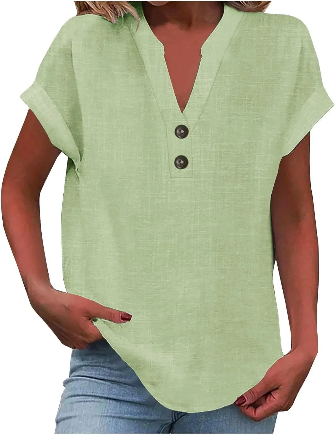 Женская блузка с коротким рукавом и V-образным вырезом, Cotton Linen, мятный