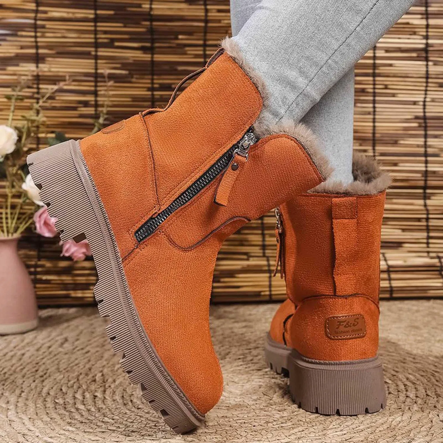 Детские ботинки для девочек с принтом Winter Ankle Boots Platform Side Zipper Warm Snow Boots with Faux Leather Lining for Cold Weather, Orange — фото 2